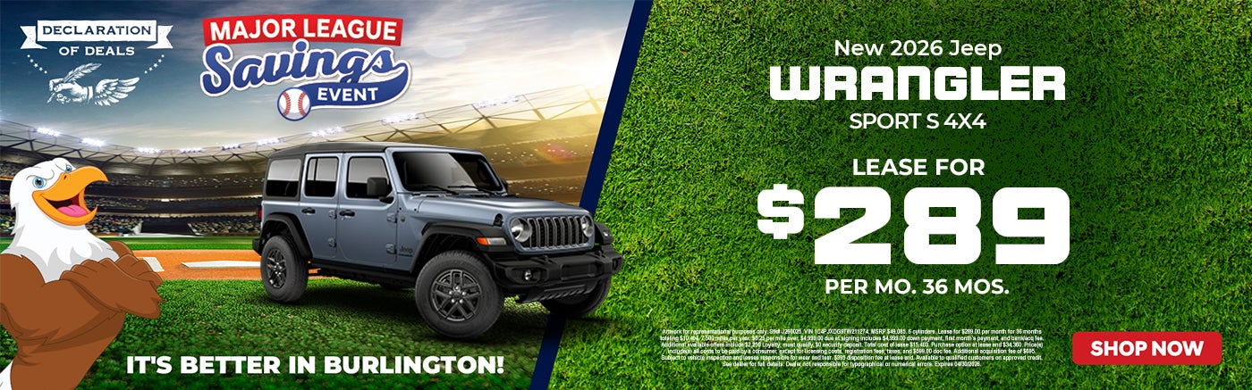 LEASE FOR $289 PER MO. 36 MOS. at Burlington Chrysler Dodge Jeep Ram in Burlington NJ