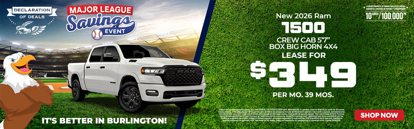 LEASE FOR $349 PER MO. 39 MOS. at Burlington Chrysler Dodge Jeep Ram in Burlington NJ